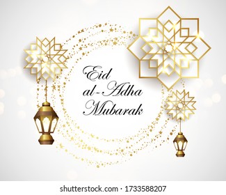 Muslim community festival Eid al Adha Mubarak beautiful greeting card with lantern, pearl, calligraphy. Sacrifice Feast eid al adha mubarak, eid al adha festive, eid ul adha card design