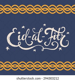 Muslim community festival Eid Al Fitr (Eid Mubarak) custom handdrawn lettering on textured ornamental background. Vector Islamic calligraphy.