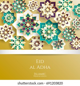 Muslim community festival Eid al Adha Mubarak beautiful greeting card with 3d paper flowers, stars, moon, sheep. Template for menu, invitation, poster, banner, card. 1439 hijri islamic new year.