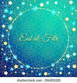 Muslim community festival, Eid Al-Fitr celebration greeting card decorated with golden stars and moon on background. Ramadan kareem