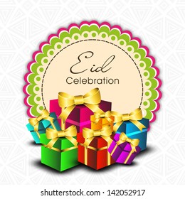 Muslim community festival Eid celebration background with gift boxes wrapped in golden ribbon.