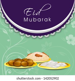 Muslim community festival Eid Mubarak background with Iftar food.