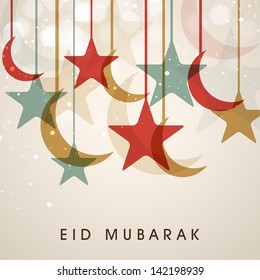 Muslim community festival Eid Mubarak background with hanging moon and stars.