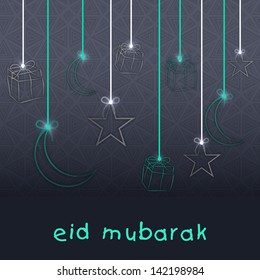 Muslim community festival Eid Mubarak background with hanging moon and shiny stars.