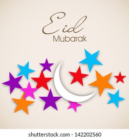 Muslim community festival Eid Mubarak background with shiny moon and colorful stars.