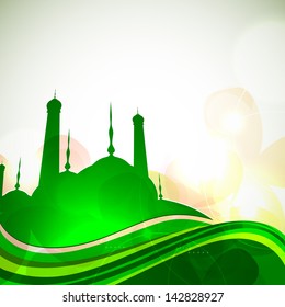 Muslim community festival Eid Mubarak background with mosque on green waves background.