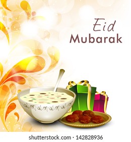 Muslim community festival Eid Mubarak background with gift boxes and sweets on floral decorated  background.