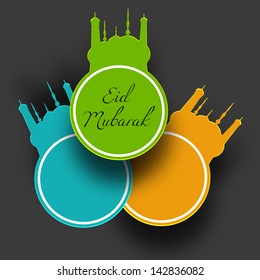 Muslim community festival Eid Mubarak colorful tags, labels and stickers on grey background.