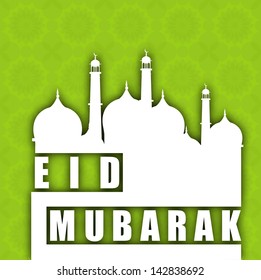 Muslim community festival Eid Mubarak concept with mosque on green background.