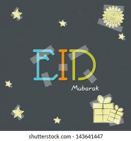 Muslim community festival Eid Mubarak background with colorful text Eid on grey background.