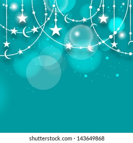 Muslim community festival Eid Mubarak background with shiny hanging stars on sky blue background.