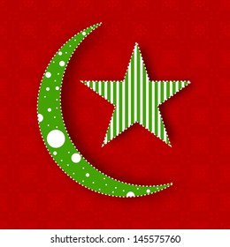 Muslim community festival Eid Mubarak concept with moon and star on red background.