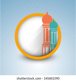 Muslim community festival Eid Mubarak background with mosque and space for your message.