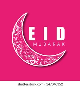 Muslim Community Festival Eid Mubarak Concepr With Floral Decorated Moon On Pink Background. 