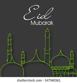 Muslim community festival Eid Mubarak concept with mosque design on abstract grey background.