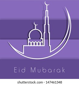 Muslim community festival Eid Mubarak concept with mosque and moon line art illustration on abstract purple background. 