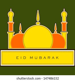 Muslim community festival Eid Mubarak concept with colorful Mosque on abstract green background. 