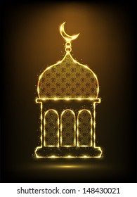 Muslim community festival Eid Mubarak concept with shiny mosque design on brown background. 