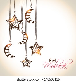 Muslim community festival Eid Mubarak background with decorative hanging moon and stars.