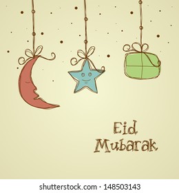 Muslim community festival Eid Mubarak concept with hanging moon, star and gift boxes.