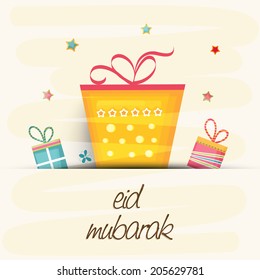 Muslim community festival Eid Mubarak celebrations greeting card design with colorful gift boxes on stars decorated beige background. 