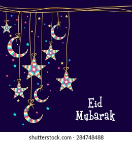 Muslim community festival, Eid Mubarak celebration greeting card decorated with colorful moons and stars hanging on blue background.