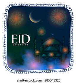 Muslim community festival, Eid Mubarak celebration greeting card with mosque and crescent moon on fireworks night background. 