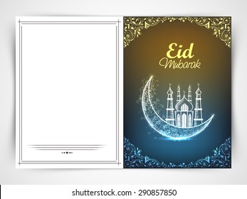 Muslim community festival, Eid mubarak celebration greeting card with shiny crescent moon and mosque.