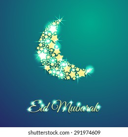 Muslim community festival, Eid Mubarak celebration greeting card decorated with golden stars and moon on background. Ramadan kareem.