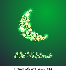 Muslim community festival, Eid Mubarak celebration greeting card decorated with golden stars and moon on background. Ramadan Kareem