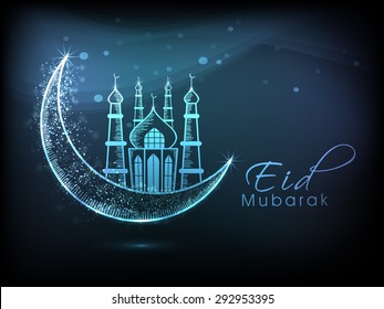 Muslim community festival, Eid Mubarak celebration with illustration of mosque on shiny crescent moon.
