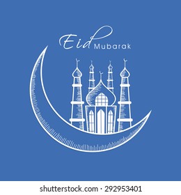 Muslim community festival, Eid Mubarak celebration greeting card with mosque and crescent moon on blue background.
