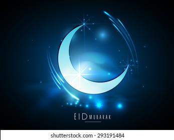Muslim community festival, Eid Mubarak celebration with creative crescent moon on shiny blue background.