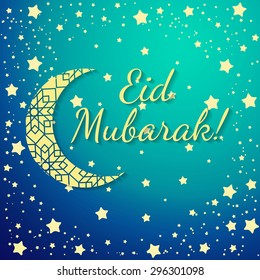 Muslim community festival, Eid Mubarak celebration greeting card decorated with golden stars and moon on background. Ramadan kareem