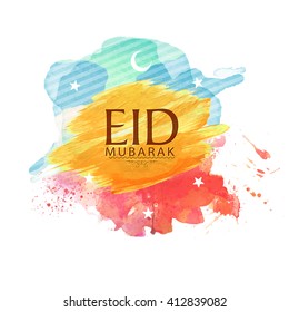 Muslim Community Festival, Eid Mubarak celebration with crescent Moon and Stars on colourful paint stroke background.