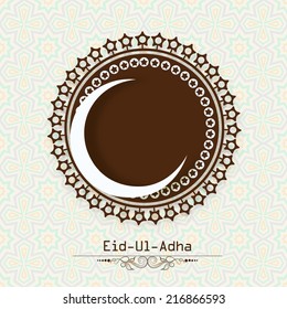 Muslim community festival Eid-Ul-Adha celebrations with stars decorated brown label and crescent moon floral decorated beige background. 