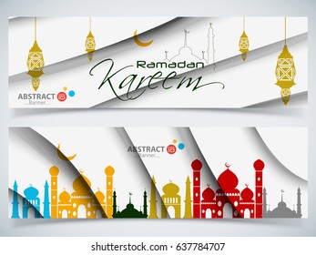 Muslim community festival Ramadan Kareem with Beautiful and colorful banner design and background vector illustration and Beautiful Mosque and Masjid for Ramadan Kareem and eid EPS 10.