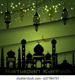 Muslim community festival Ramadan Kareem with Beautiful greeting card design and background vector illustration and Beautiful Mosque and Masjid for Ramadan Kareem and eid EPS 10.