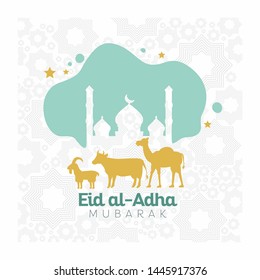 Muslim community festival of sacrifice, Eid Al Adha greeting card design with sheep cow beef camel