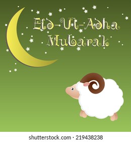Muslim community festival of sacrifice Eid Ul Adha greeting card, background with sheep moon and stars. Free font used.