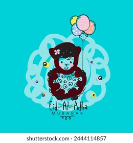 Muslim Community, Festival of Sacrifice, Eid-Al-Adha Mubarak with illustration of a creative Sheep holding colorful balloons, Vector greeting card design.