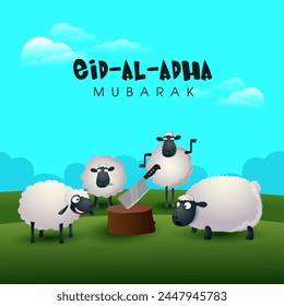 Comunidad Musulmana, Festival del Sacrificio, Celebración de Eid-Al-Adha con ilustración de ovejas y bloque de carnicero en el fondo de la naturaleza, Ilustración vectorial