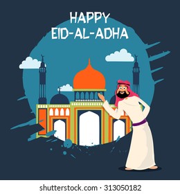 Muslim community festival of sacrifice, Eid-Al-Adha celebration with illustration of a arabian man in front of colorful mosque.