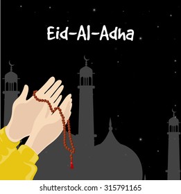 Muslim Community Festival of Sacrifice, Eid-Al-Adha celebration with illustration of praying hands holding Rosary ( Tasbih ) in front of Mosque on night background.