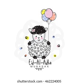 Muslim Community, Festival of Sacrifice, Eid-Al-Adha Mubarak with illustration of a creative Sheep holding colorful balloons, Vector greeting card design.
