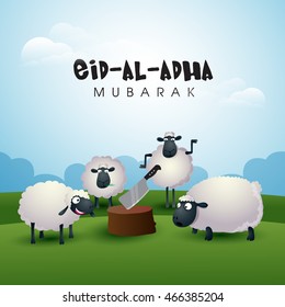 Muslim Community, Festival of Sacrifice, Eid-Al-Adha Celebration with illustration of Sheeps and Butcher's Block on nature background, Vector illustration.