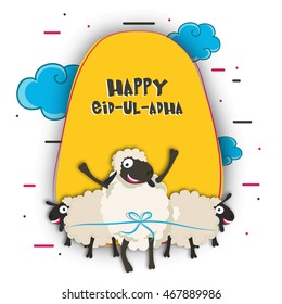 Muslim Community, Festival of Sacrifice, Eid-Al-Adha Celebration with creative paper cutout of Sheeps on cloudy background. Vector greeting card design.