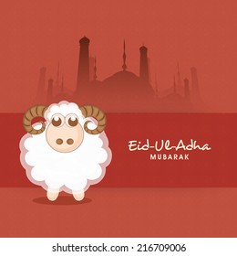Muslim community festival of sacrifice Eid-Ul-Adha greeting card with sheep on mosque silhouette background. 