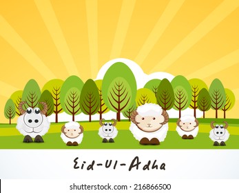 Muslim community festival of sacrifice Eid-Ul-Adha greeting card design with sheep on nature background.