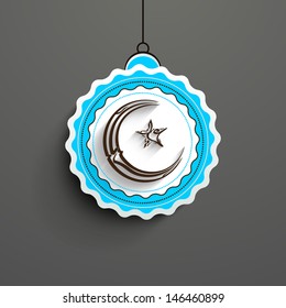 Muslim community festival tag, sticker or label with Arabic Islamic calligraphy of text Eid Mubarak on abstract grey background.